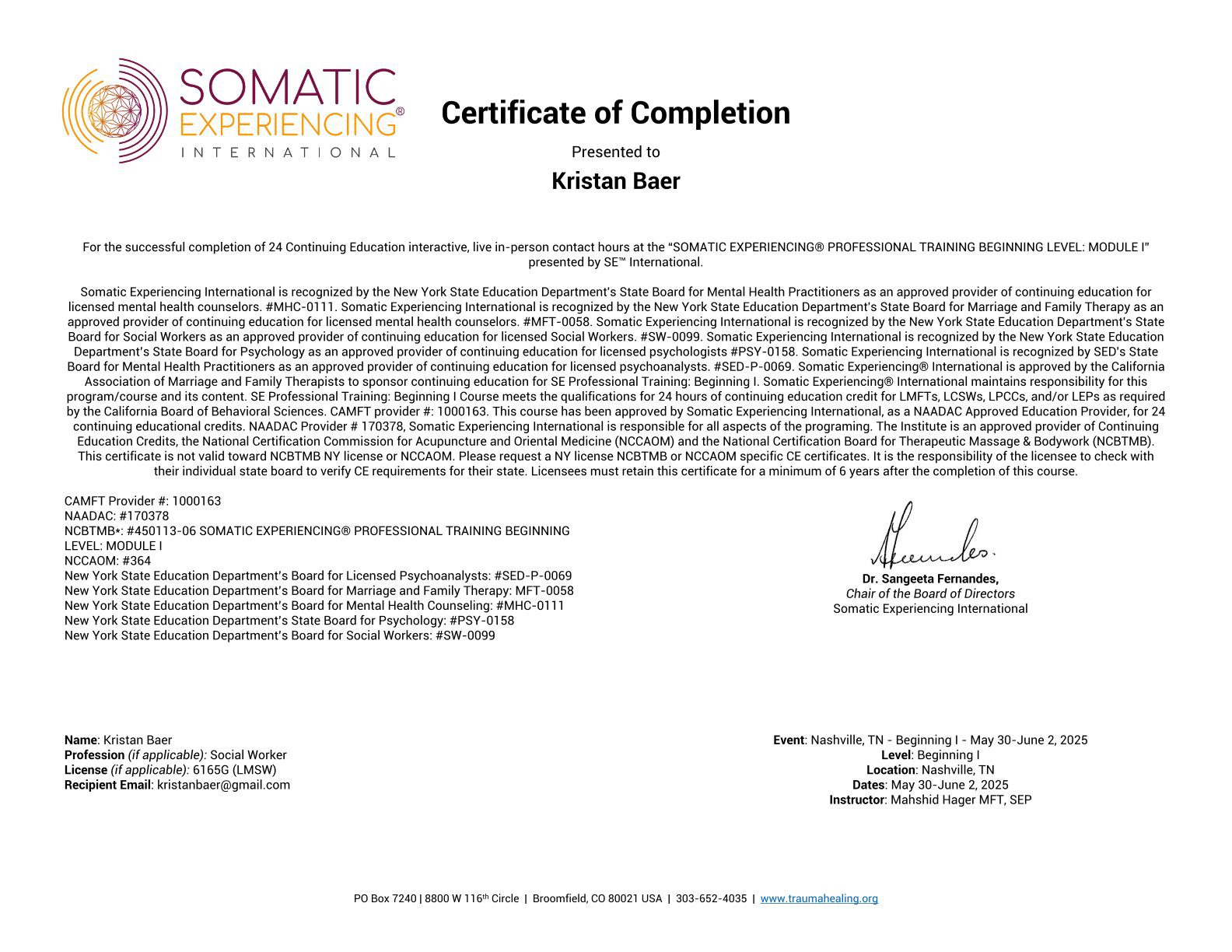 Certification for SEP II for Complex Trauma Licencse