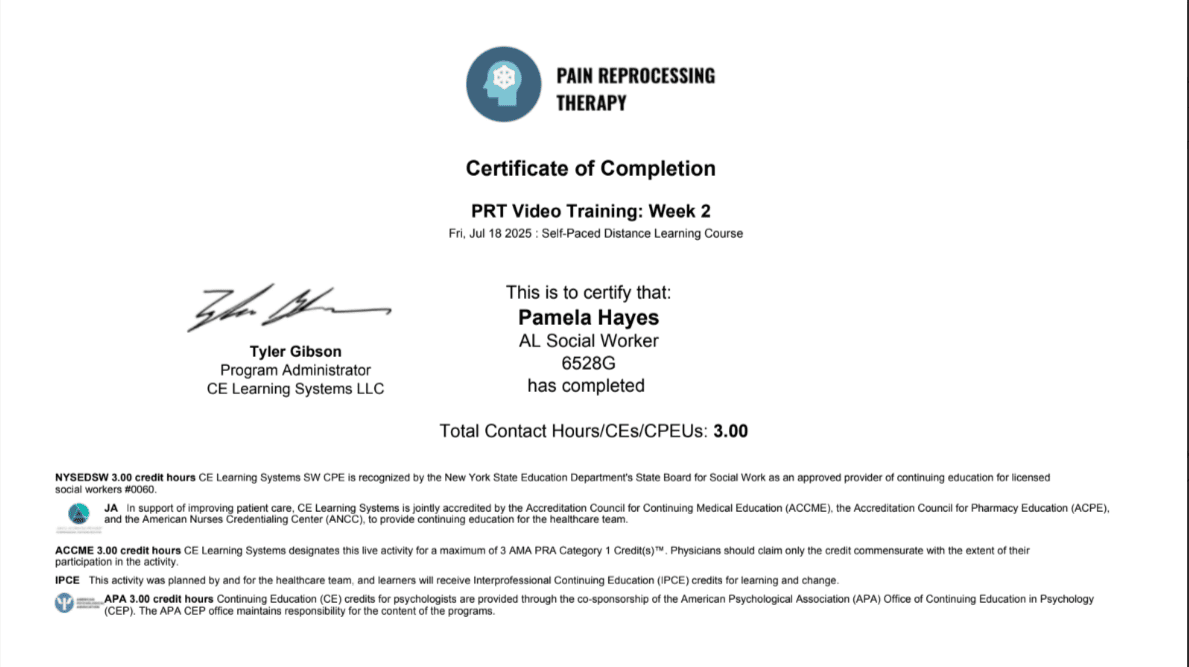 Pain Reprocessing Therapy training certificate, chronic pain therapist for Alabama